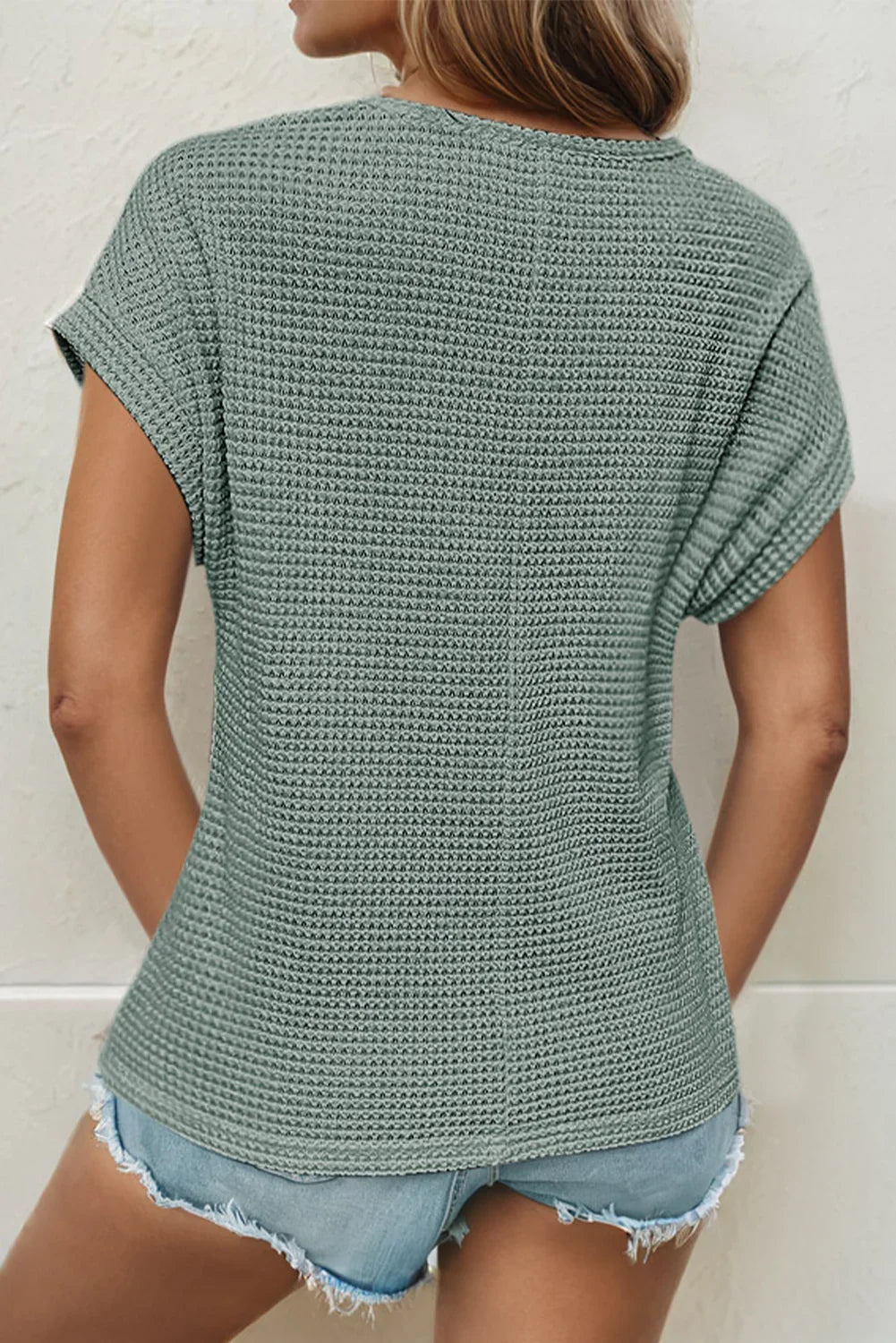 Mist Green Hollow Patchwork Waffle Knit Top