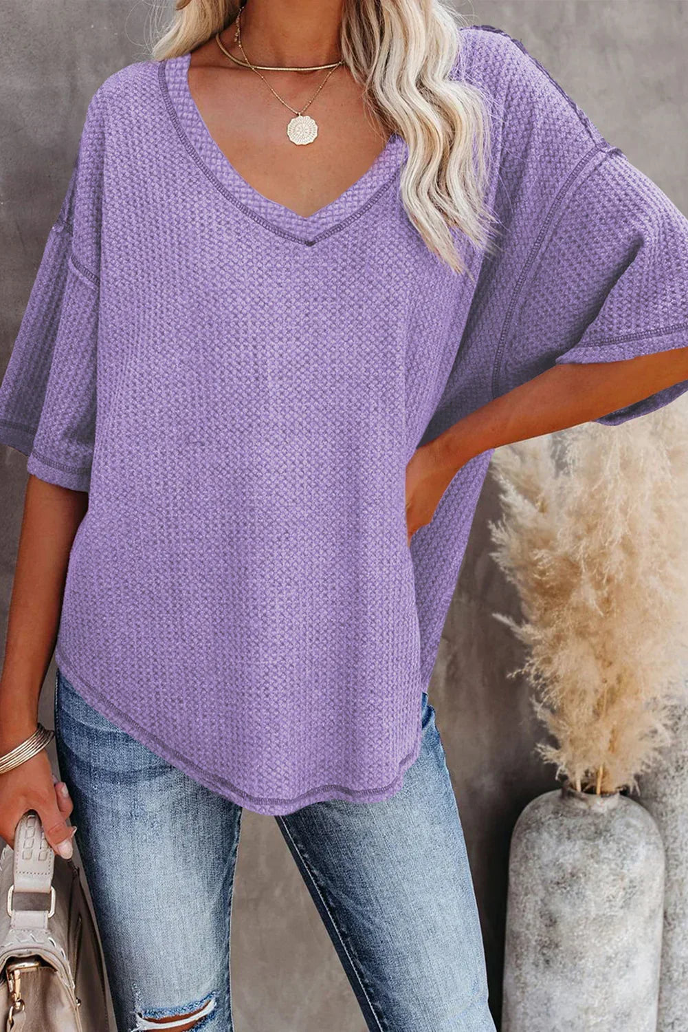 Blue Exposed Seam Drop Sleeve V Neck Waffle Textured Top