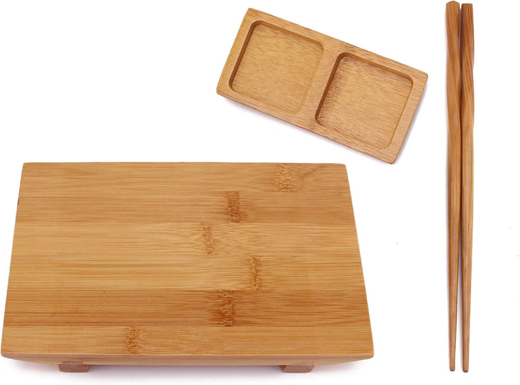2 Sets Bamboo Sushi Plate/Tray Chopsticks and Compartment Sauce Dish
