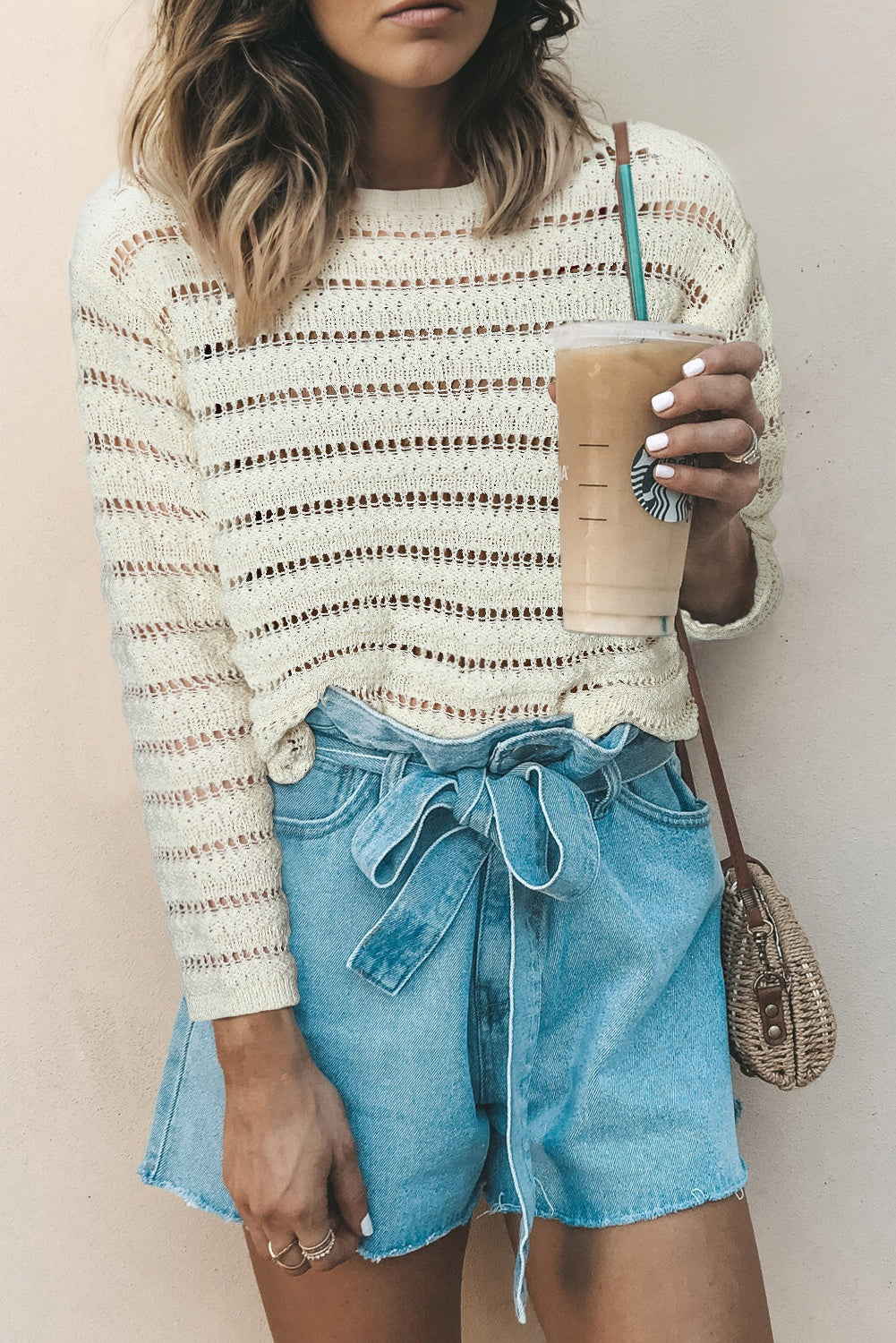 White Hollow Out Knit Round Neck Sweater