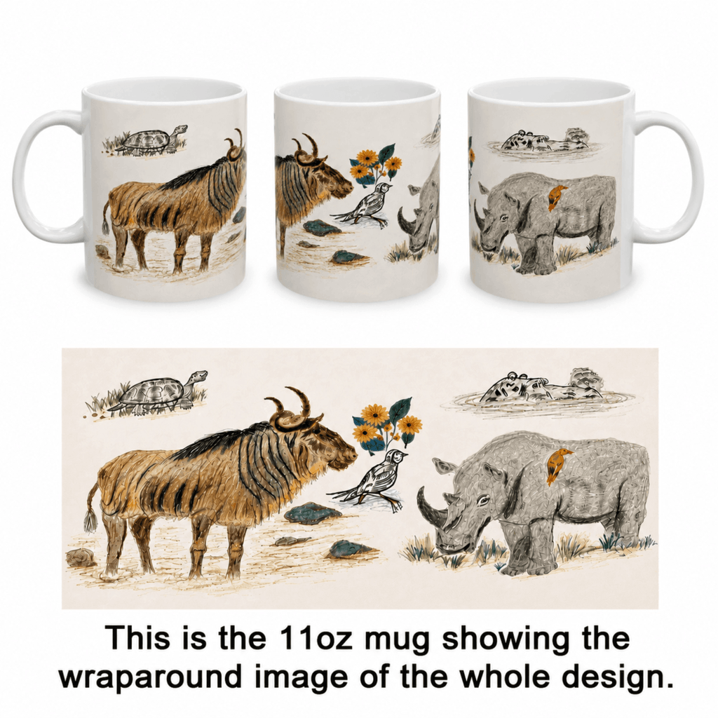 PimsArt Safari Rhino and Wildebeest Mug From Original Drawing