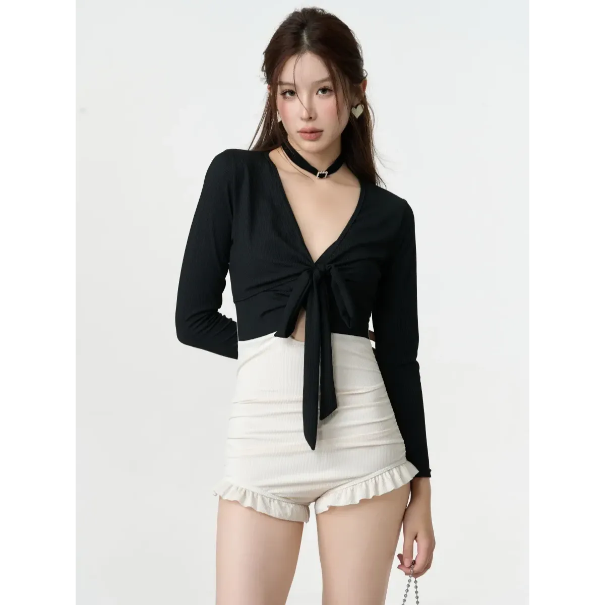 Bikini Set – V-Neck Long Sleeve with Ruffle High Waist