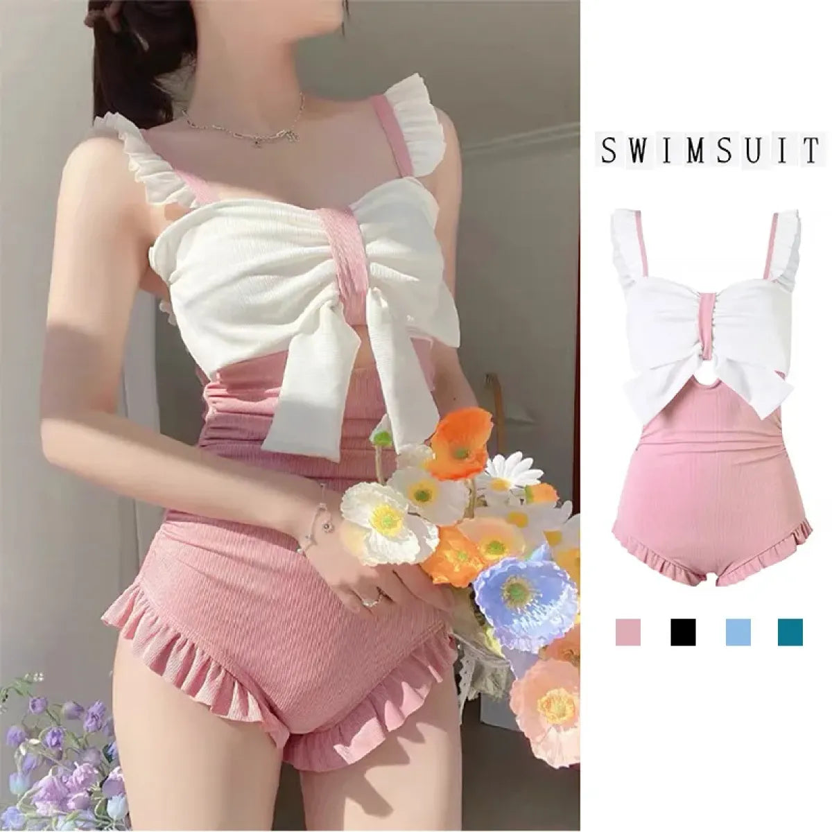 Bow Patchwork Swimsuit – Korean Ruffle One Piece Shorts