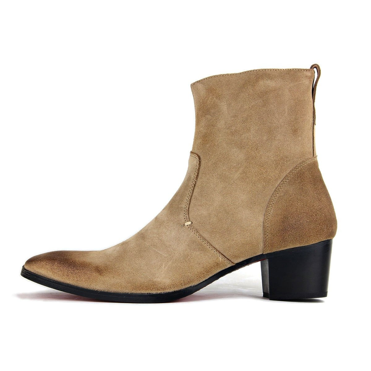OSSTONE Men Chelsea Ankle Boots Leather Heeled Boots With Side Zipper Cuban Heel Dress Boots Disco Shoes OS-JY002 BEIGE