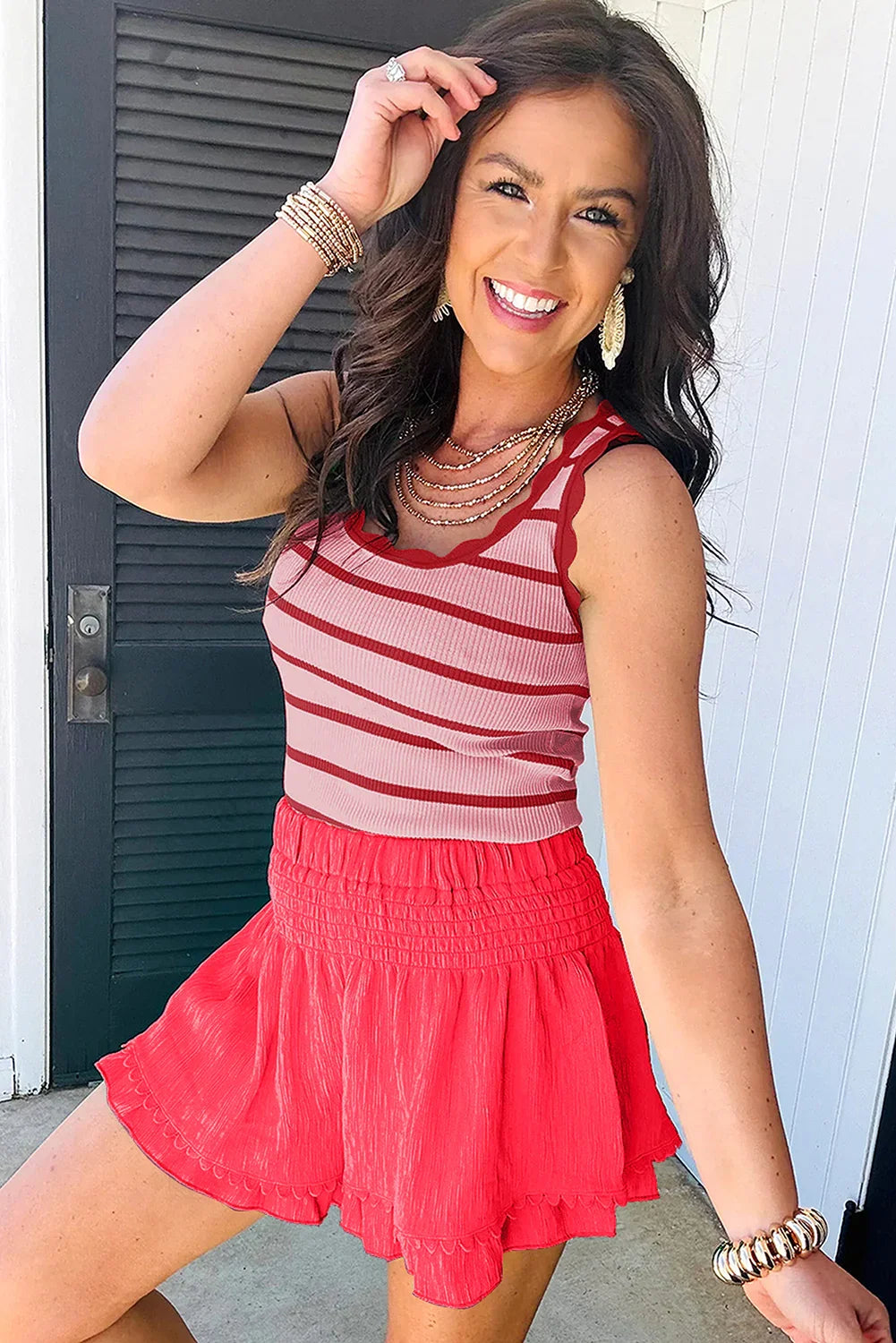 Rose Stripe Scalloped Edge Ribbed Tank Top