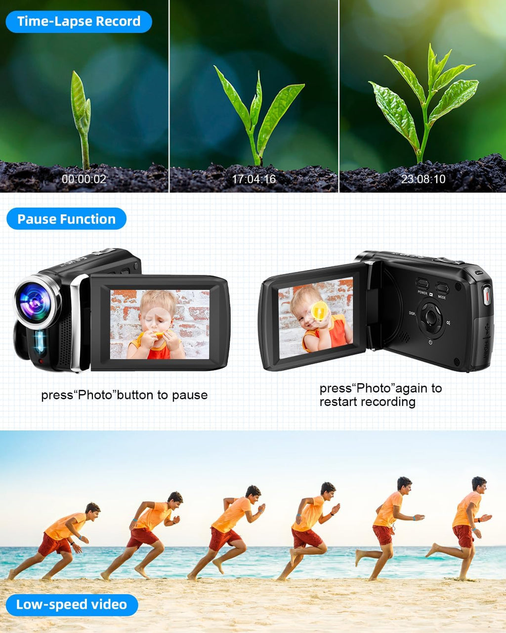 Video Camera Camcorder Full HD 2.7K 36.0 MP with 16GB SD Card