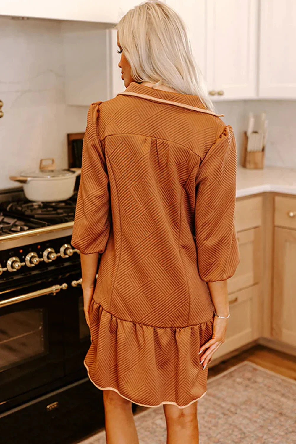 Desert Gold  Quarter Zip Collar Bracelet Sleeve Textured Mini Dress