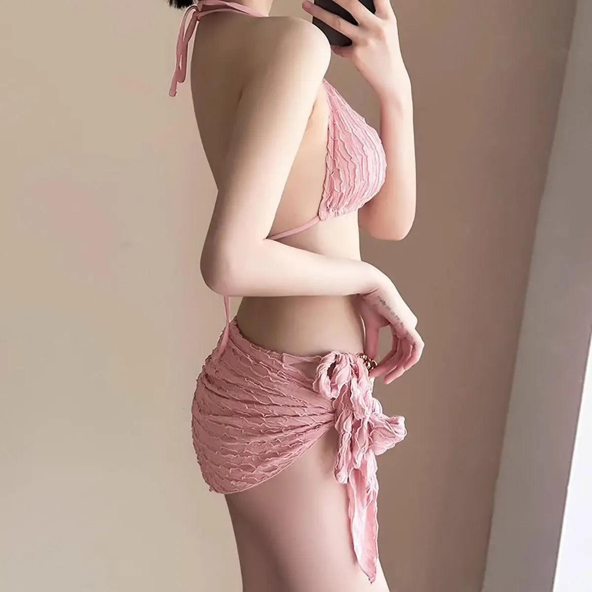 Chain Halter Bikini Set with Skirt – Korean 3PCS Beach Swimwear