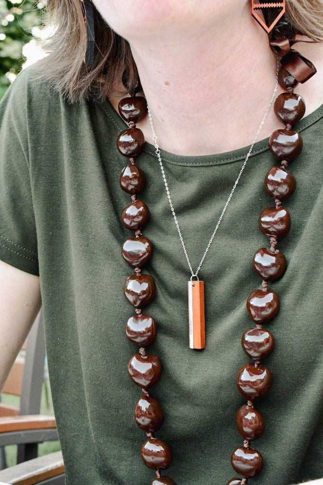 Wood & Sterling Silver Bar Necklace, Horizontal Metal Inlay