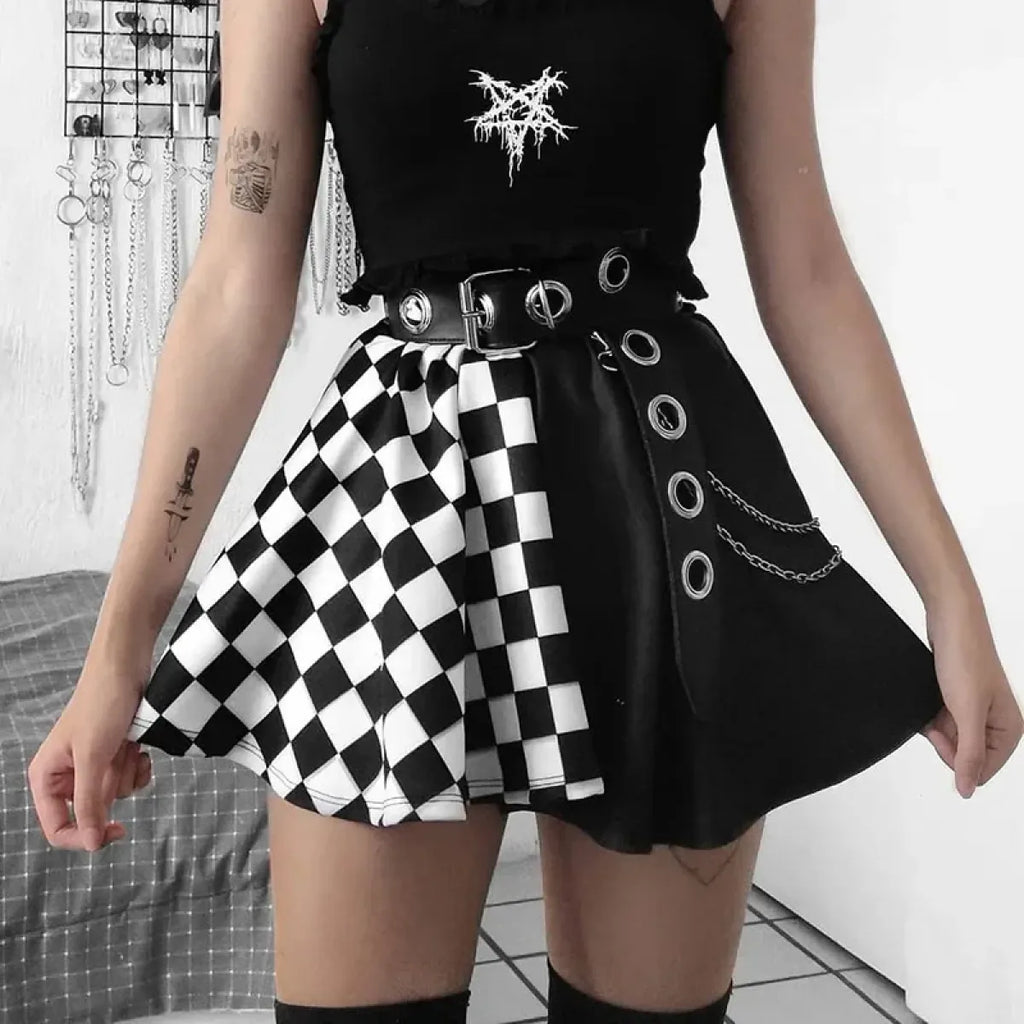 Checkerboard Gothic Punk Skirt – Grommet Chains & Contrast Panels