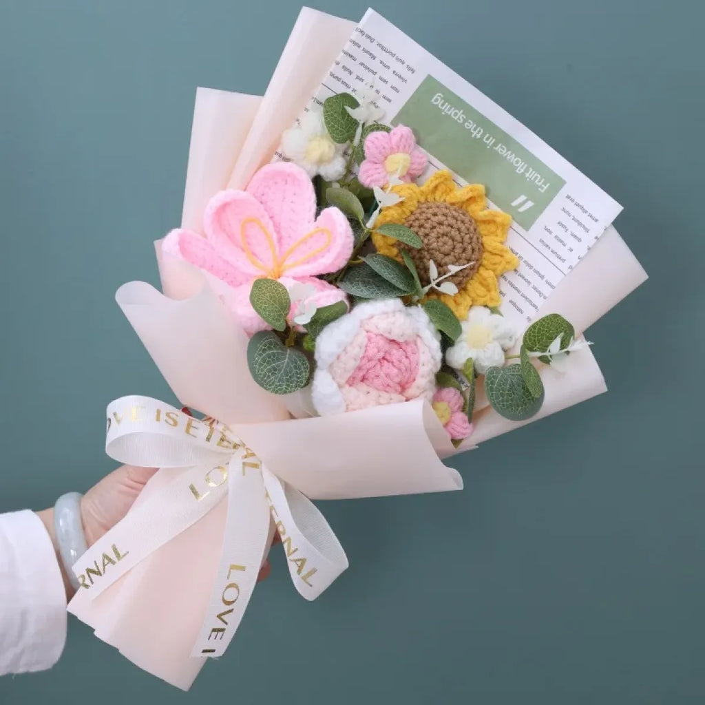 Crochet Flower Bouquet – Sunflower, Rose & Tulip Gift for Birthday or Valentine’s Day