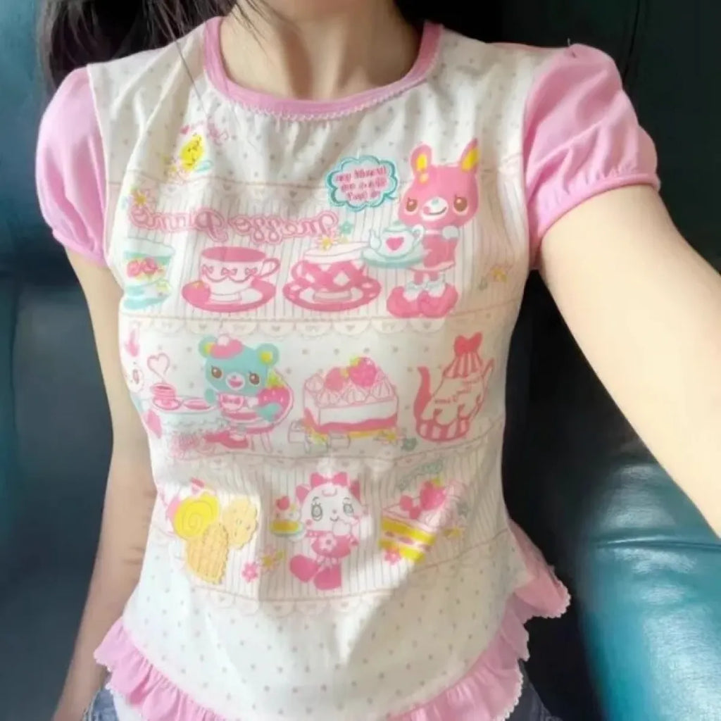 Harajuku Ruffle Cartoon Crop Tee