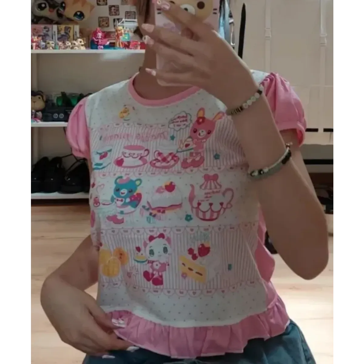 Harajuku Ruffle Cartoon Crop Tee