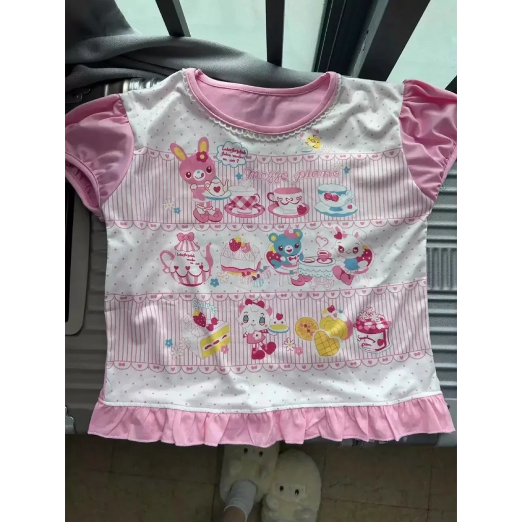 Harajuku Ruffle Cartoon Crop Tee
