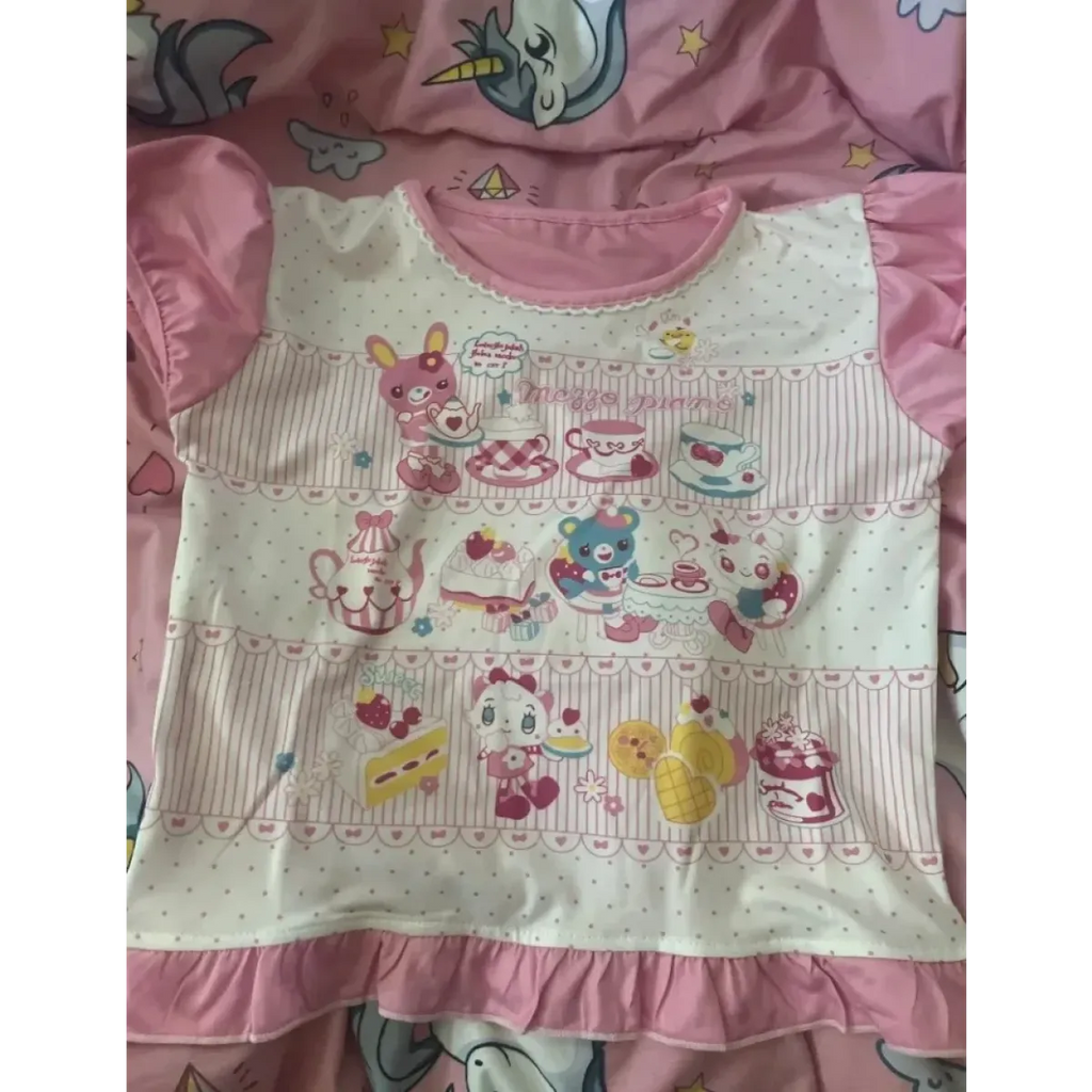 Harajuku Ruffle Cartoon Crop Tee