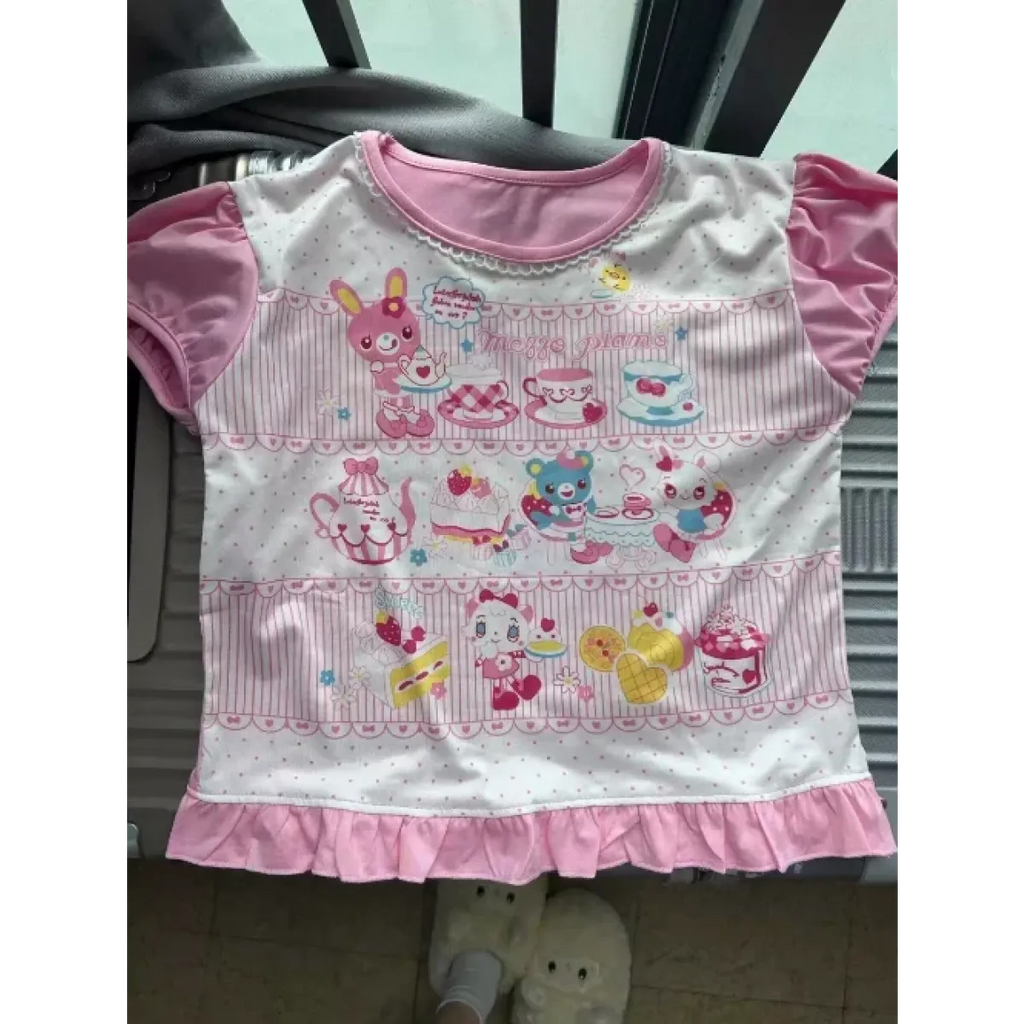 Harajuku Ruffle Cartoon Crop Tee
