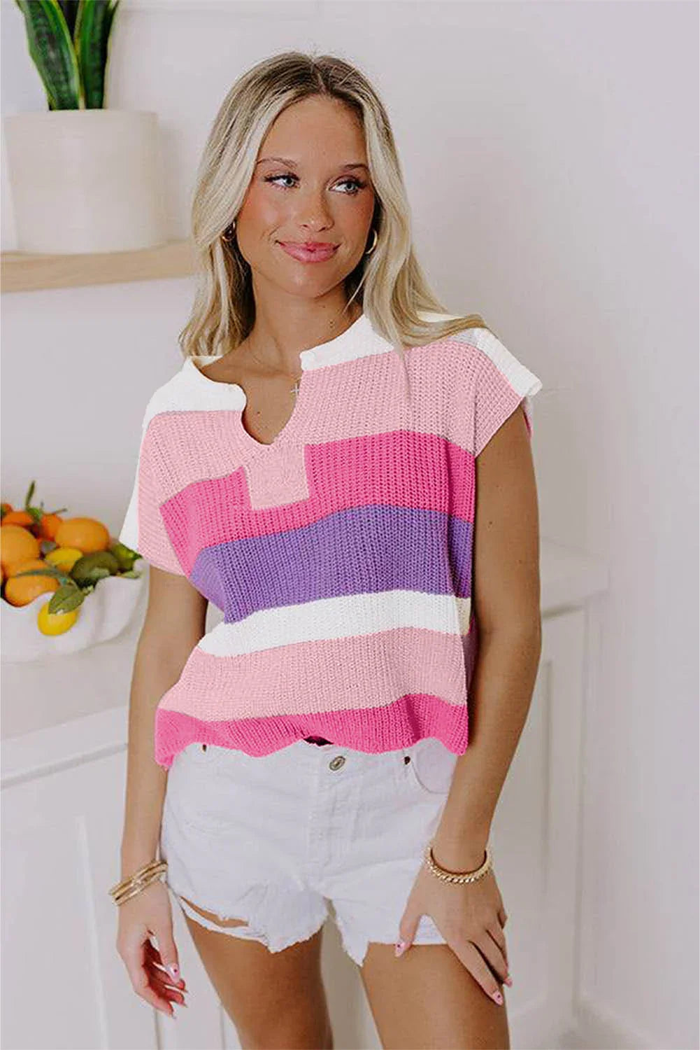 Multicolour Colorblock Notch V Neck Knit T Shirt