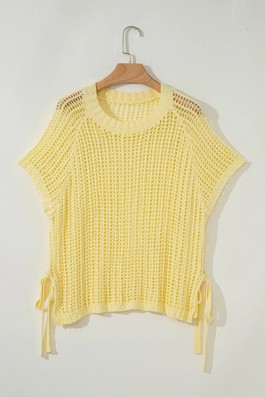 Pink Side Tie Hollow-out Crochet Knit Top