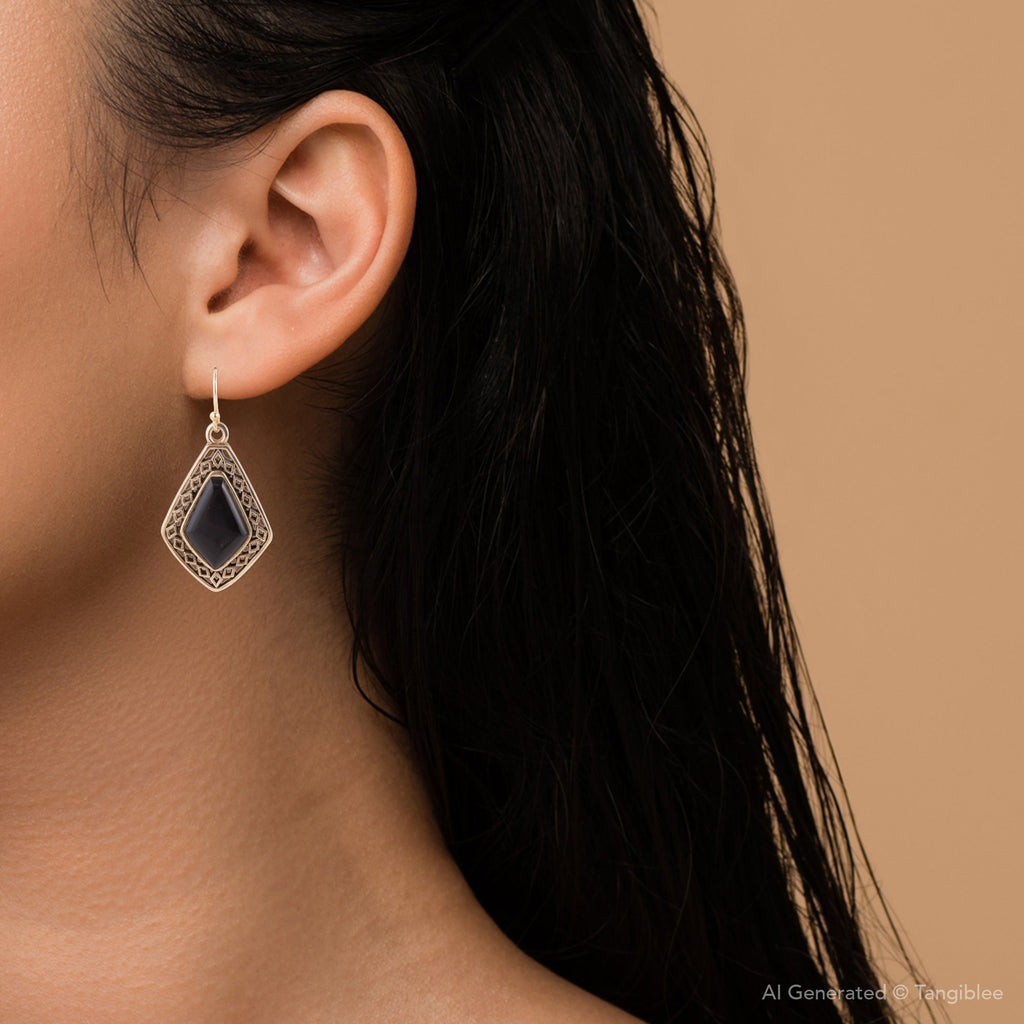 Diamond Black Onyx Stone Golden Drop Earrings