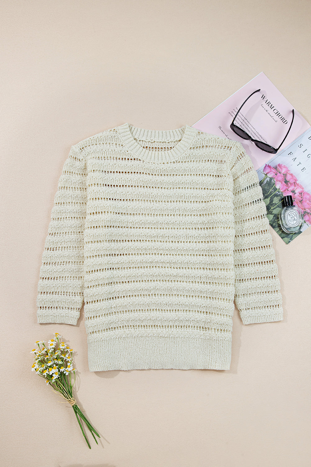White Hollow Out Knit Round Neck Sweater