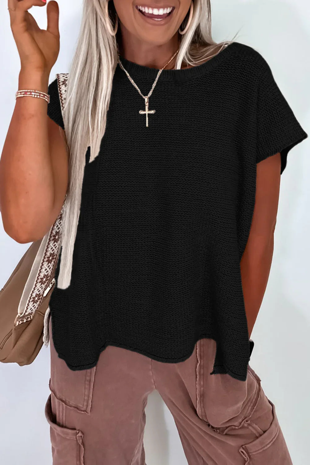 Sachet Pink Solid Color Side Slits Knit Tee