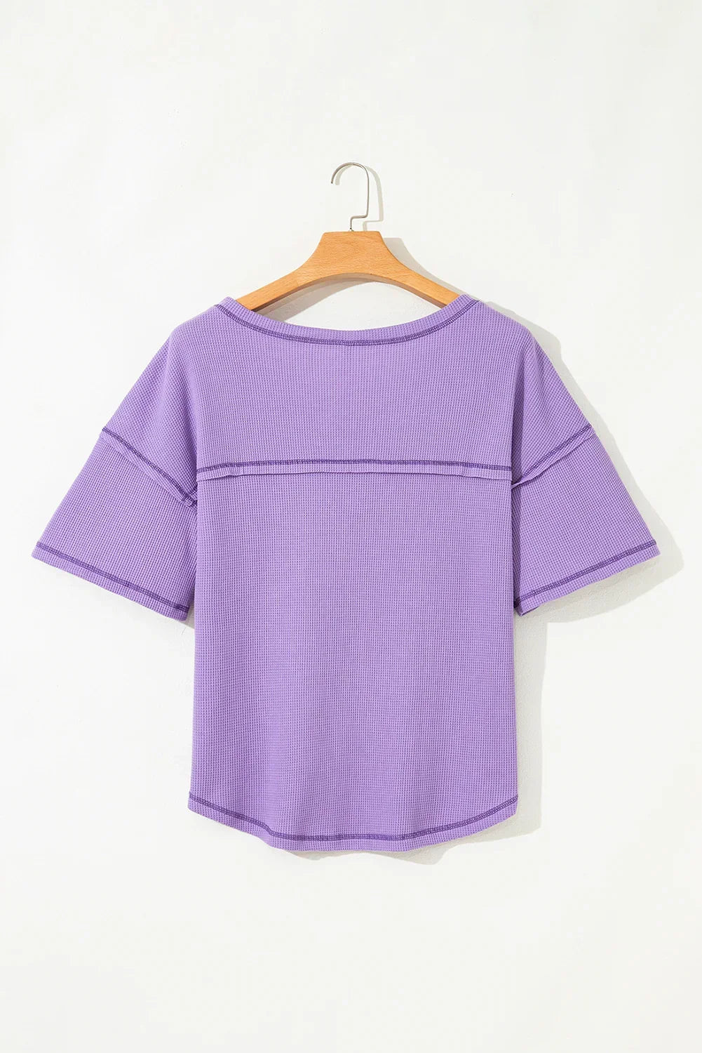 Blue Exposed Seam Drop Sleeve V Neck Waffle Textured Top
