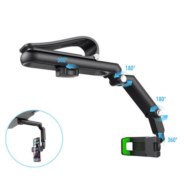 Sun visor phone mount showing 360 degree rotating cradle and folding articulated arm, Green