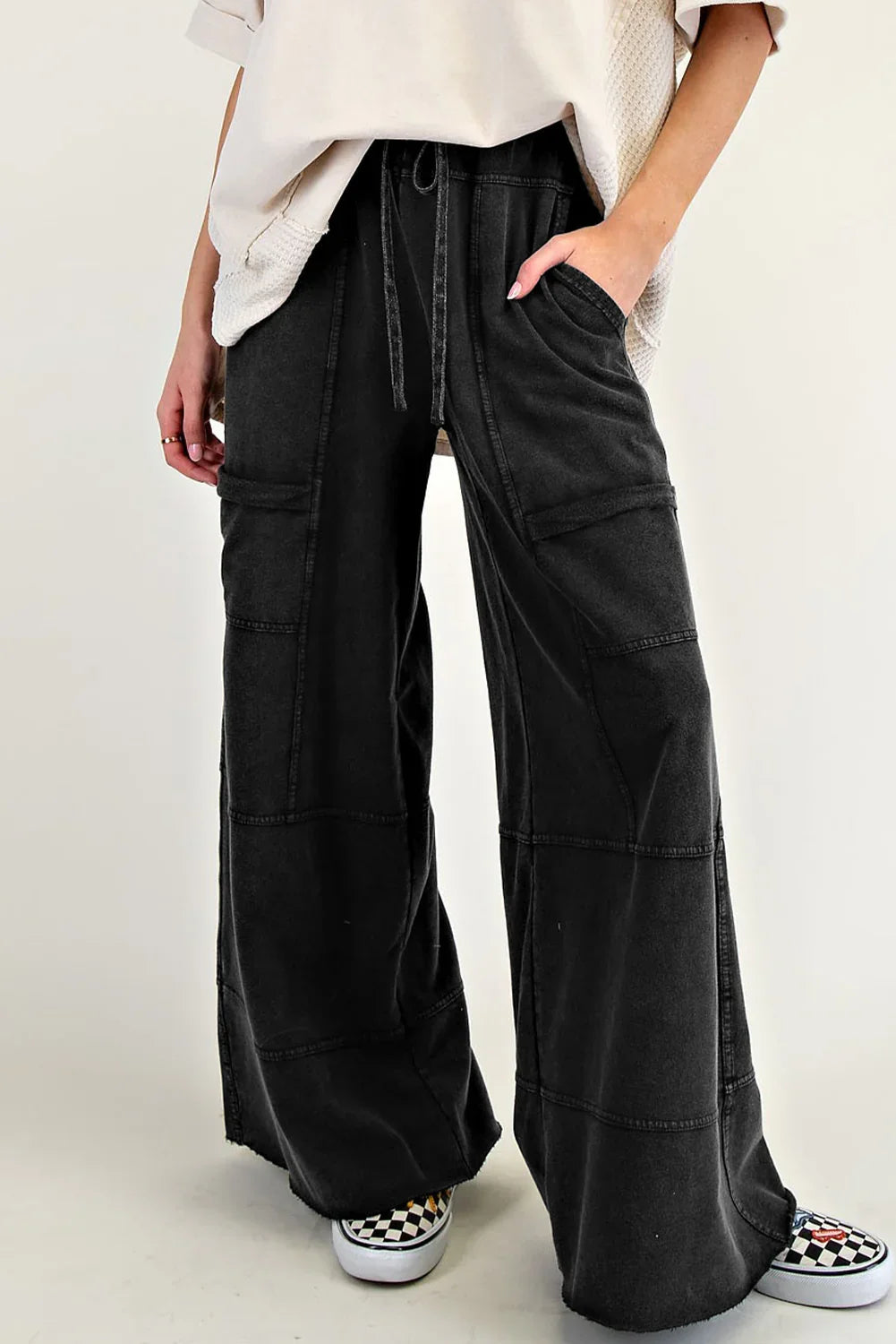 Black Mineral Wash Exposed Seam Wide Leg Cargo Pants