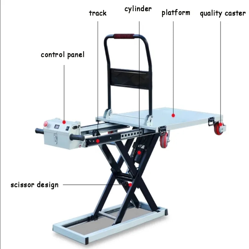 Electric hydraulic scissor lift cart showing track and control panel
