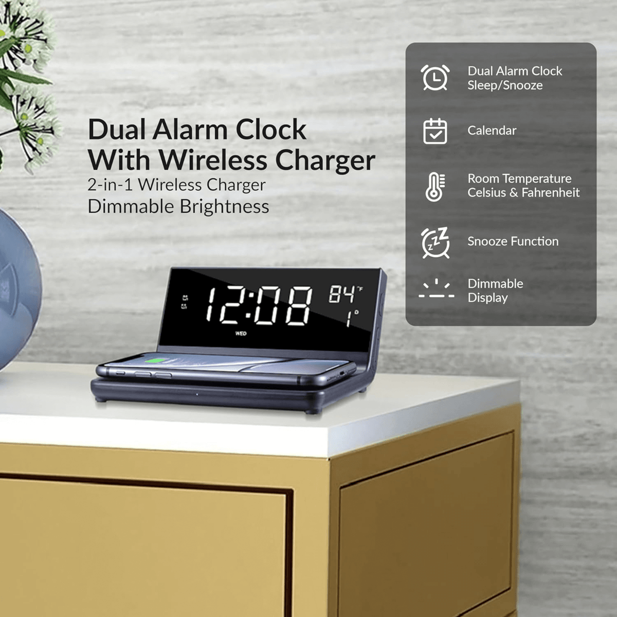 Supersonic Dual Alarm Clock with 2-in-1 Wireless Charger