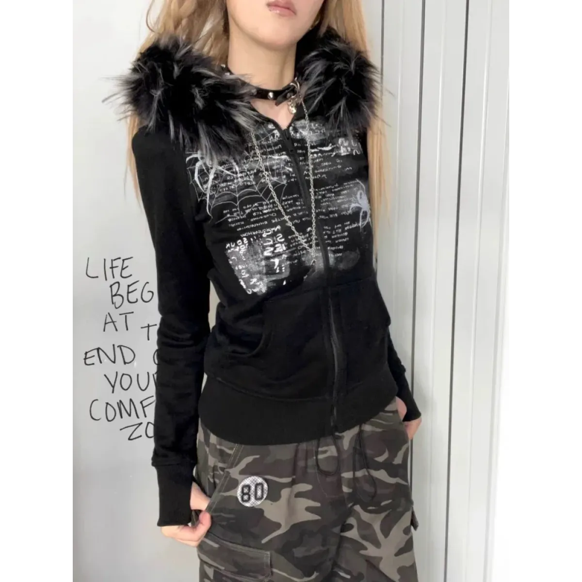 Black Gothic Grunge Fur Hooded Jacket