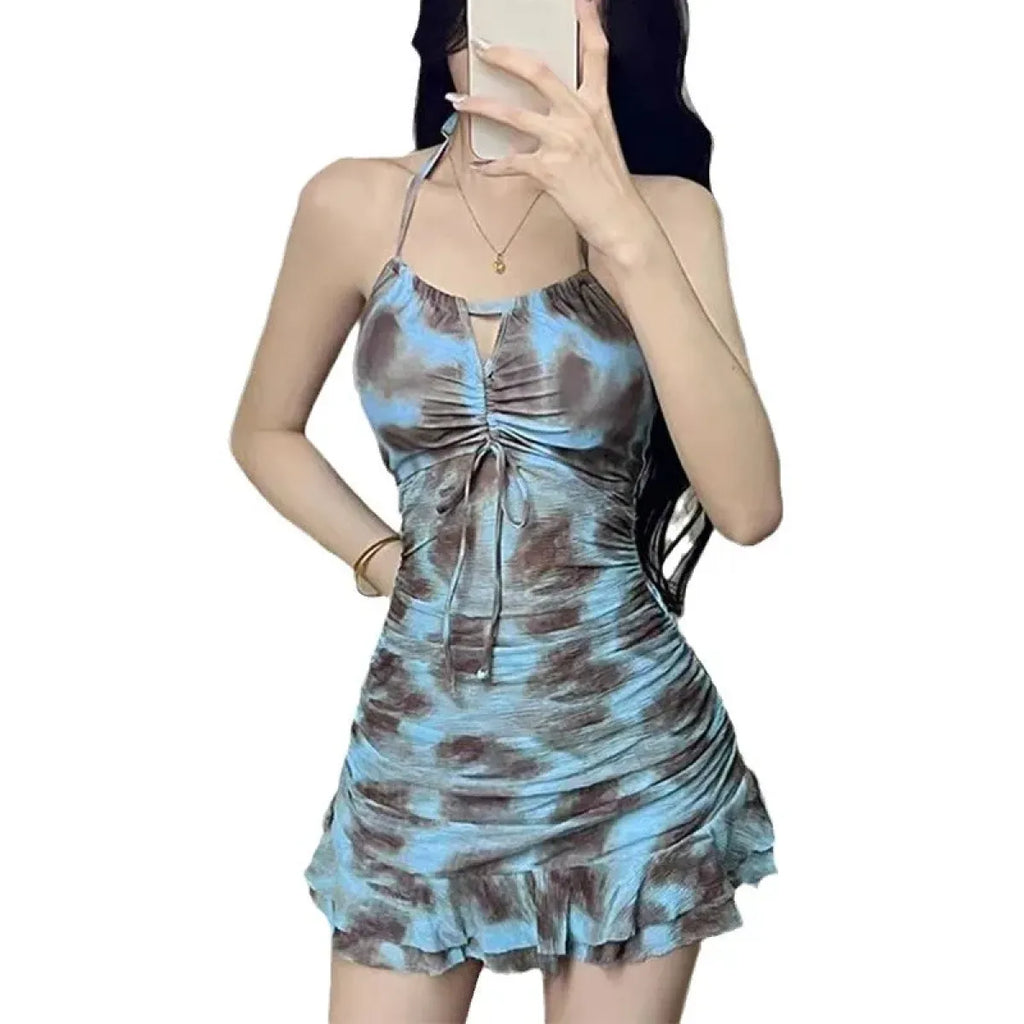 Ruffle Hem One Piece Swimsuit – Floral Ruched Kawaii Mini Dress