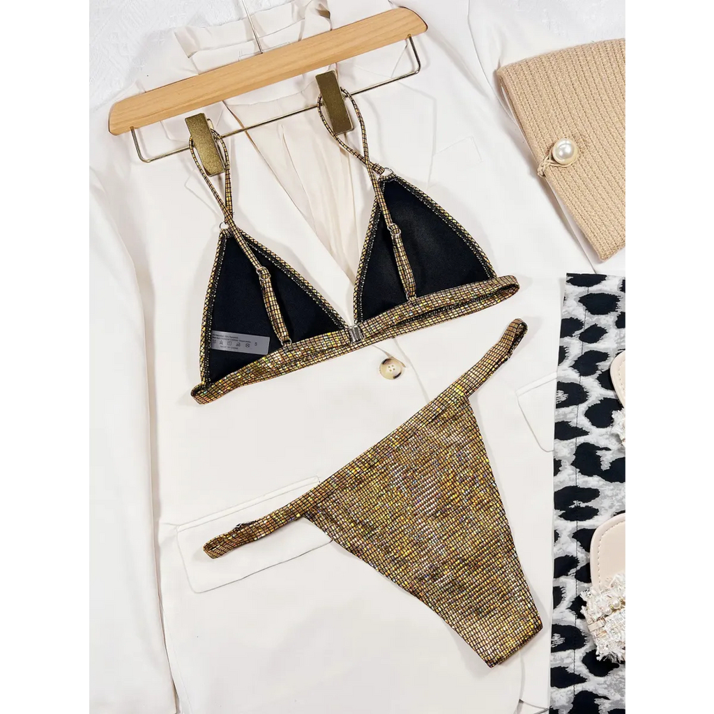 Glitter Sequin Bikini Set – Metal Ring Thong Swimwear