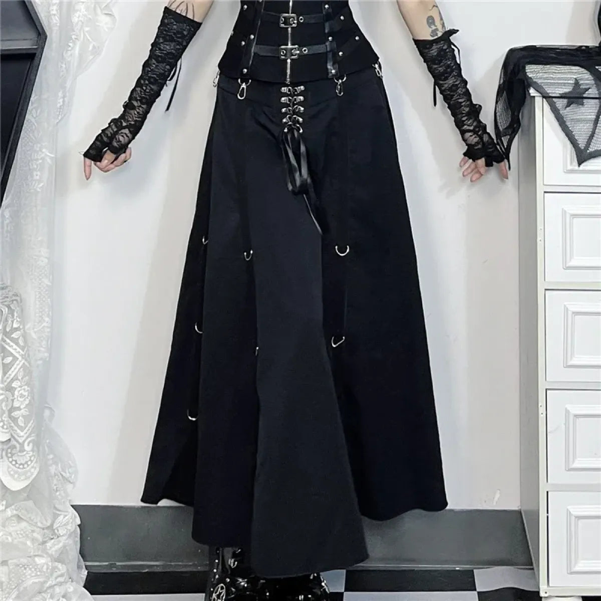 Gothic High Waist Ruffle Skirt – Punk Grunge Corset A-Line Skirt