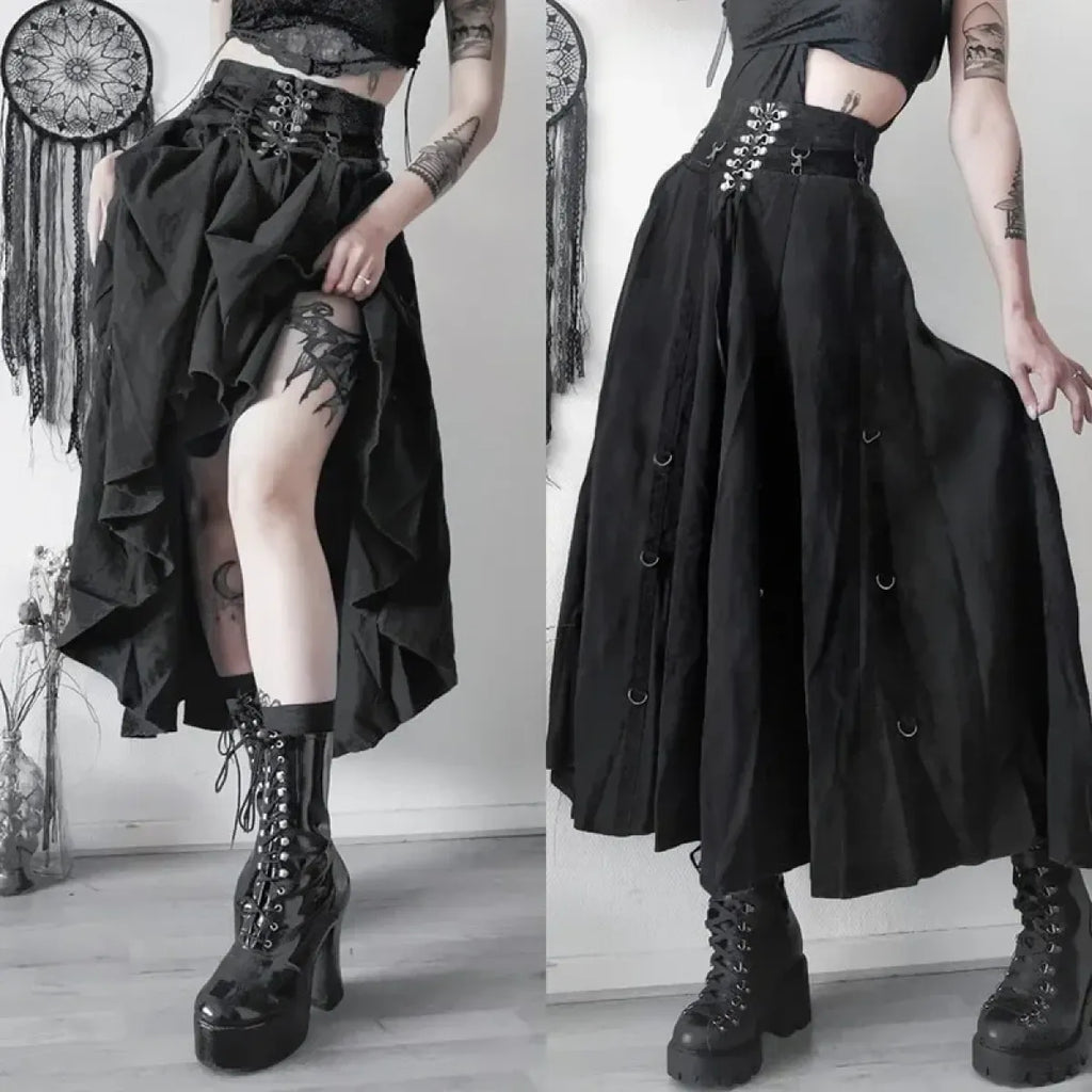 Gothic High Waist Ruffle Skirt – Punk Grunge Corset A-Line Skirt