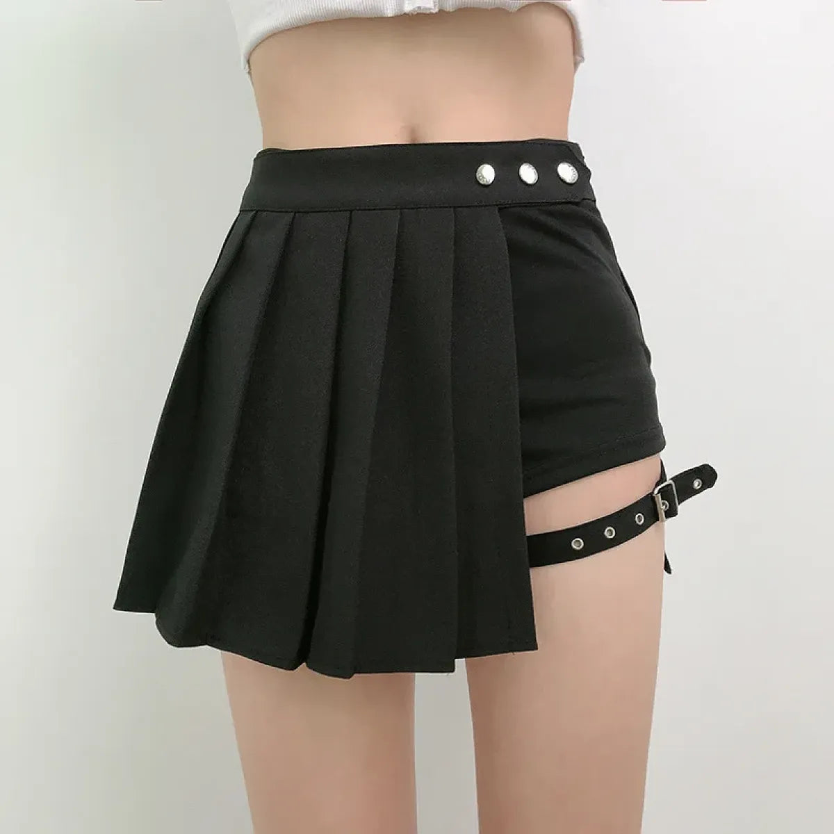 Gothic Punk Pleated Skort – Harajuku High Waist Buckle Mini Skirt Shorts