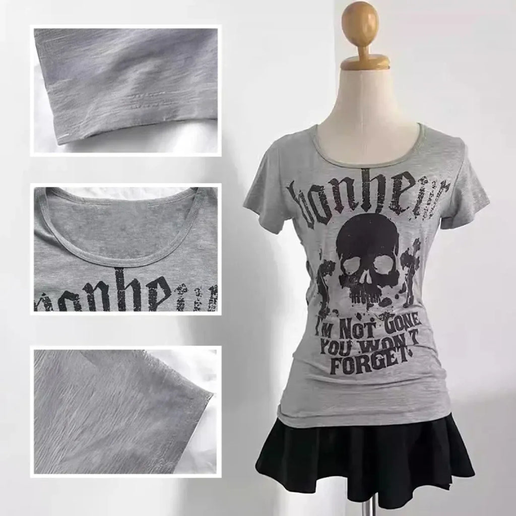 Gothic Punk Skull Print Tee – Y2K Vintage Slim Fit Top