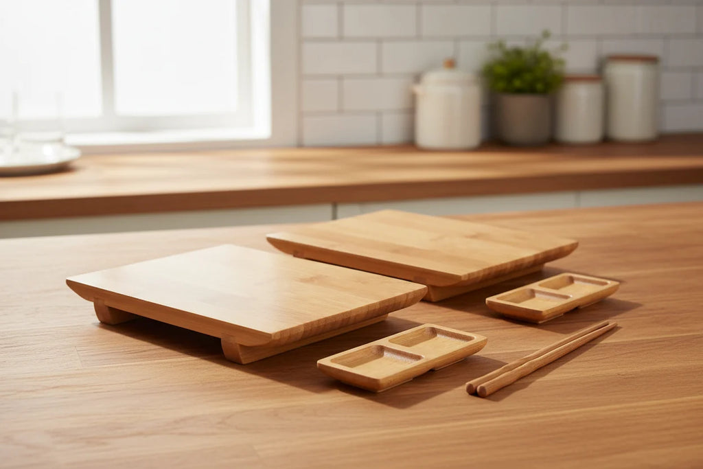 2 Sets Bamboo Sushi Plate/Tray Chopsticks and Compartment Sauce Dish