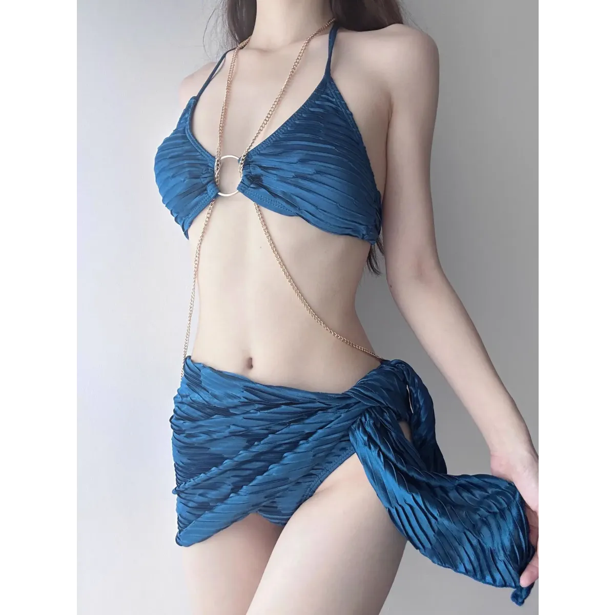 Black Chain Ring Halter Bikini Set – Korean Sexy Swimwear 3PCS Skirt