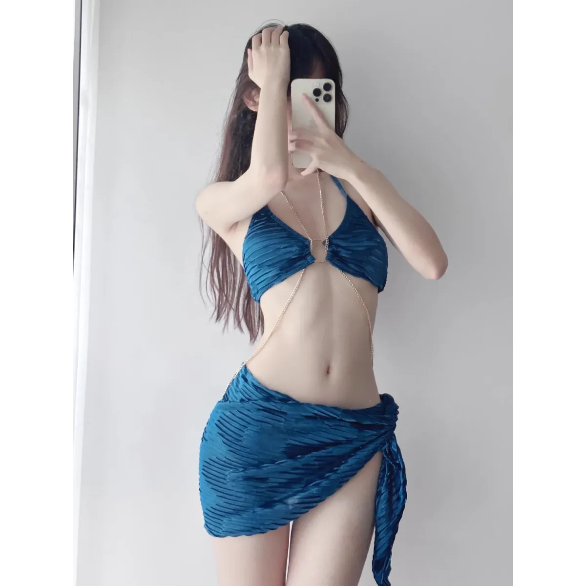 Black Chain Ring Halter Bikini Set – Korean Sexy Swimwear 3PCS Skirt