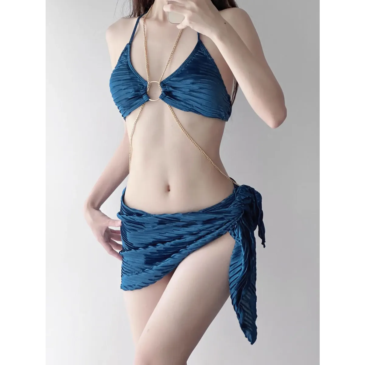 Black Chain Ring Halter Bikini Set – Korean Sexy Swimwear 3PCS Skirt