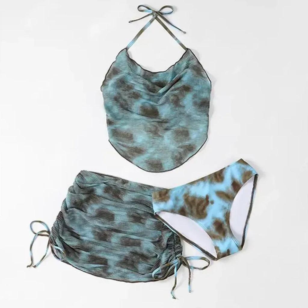 Brown Tie-Dye Halter Bikini Set – Korean 3pcs Skirt Swimwear