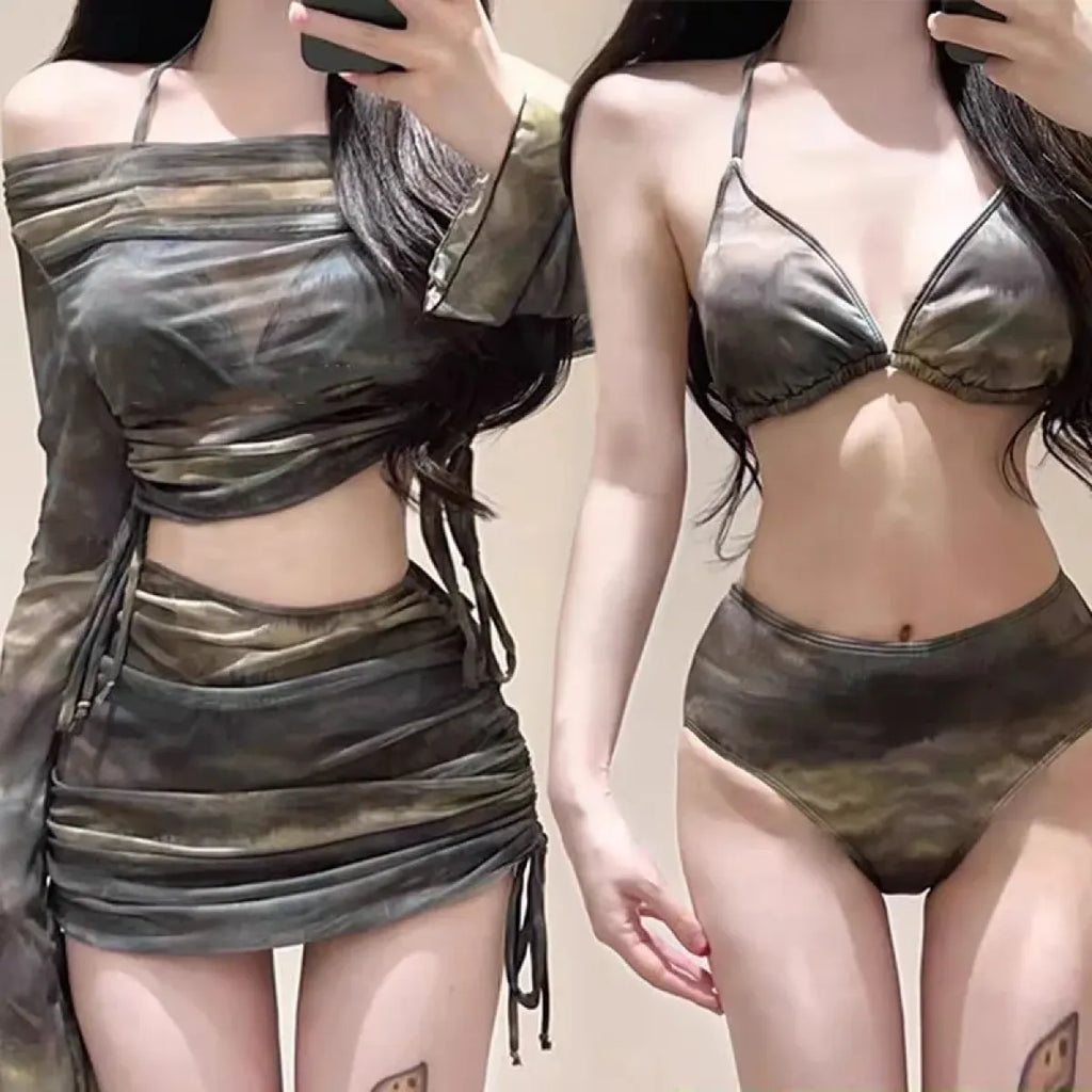 Dark Tie-Dye Off Shoulder Bikini Set – Harajuku Drawstring Mini Skirt