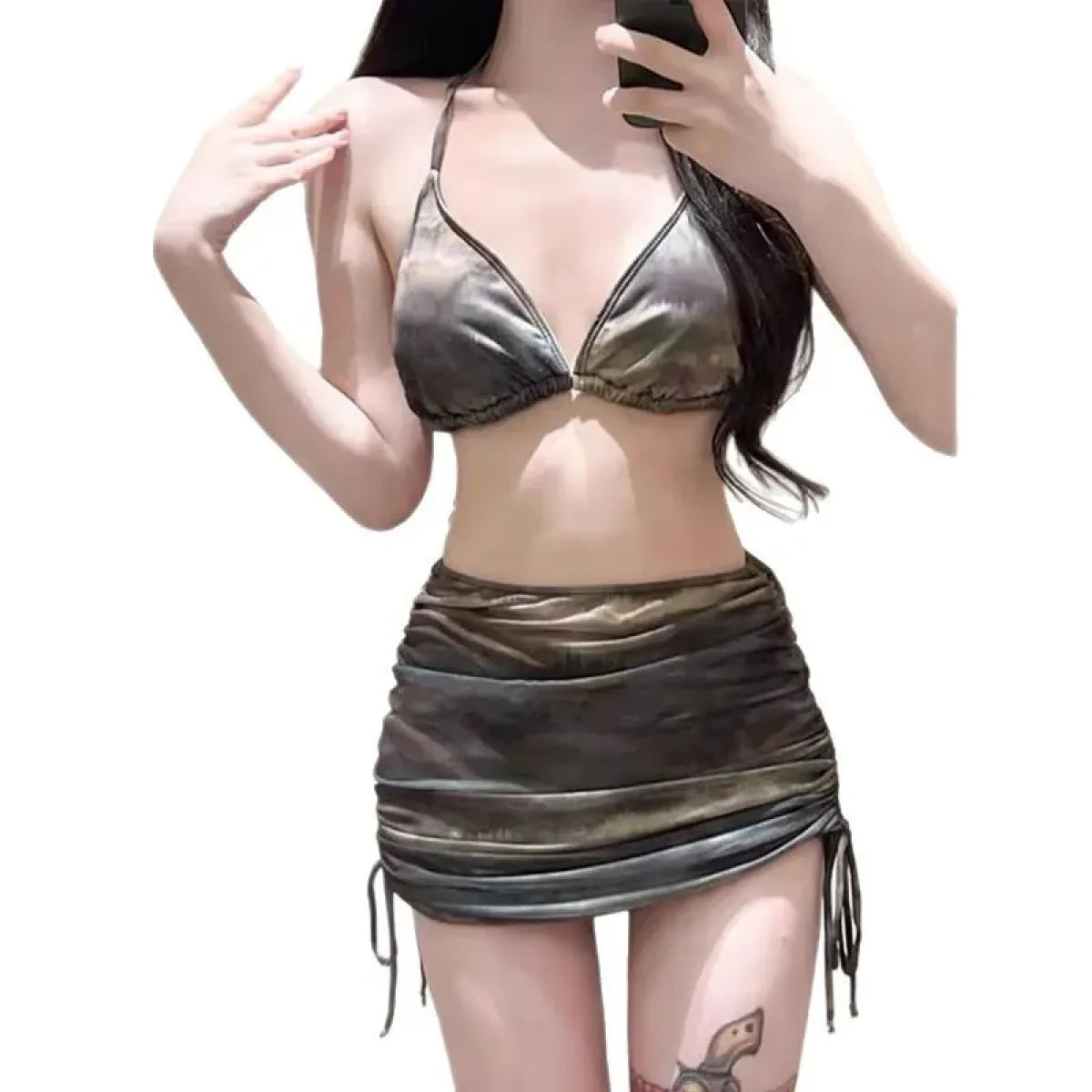 Dark Tie-Dye Off Shoulder Bikini Set – Harajuku Drawstring Mini Skirt