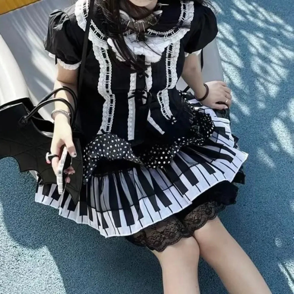 Piano Print Cake Skirt – Harajuku Punk Y2K Lace Trimmed