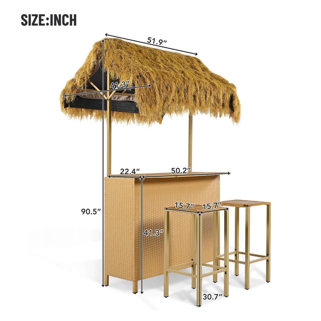 3-Piece Hawaiian Bar-Height Patio Set With Grass Canopy And Stools (SAK63047)