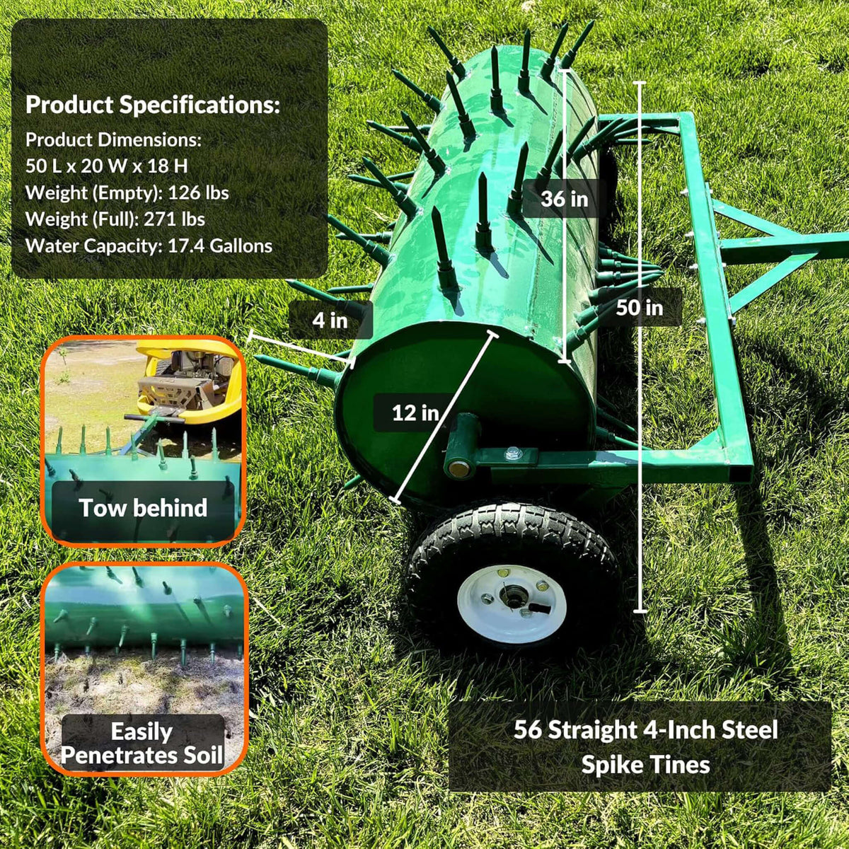 Heavy-Duty Water-Filled Pull-Behind Spike Roller Lawn Aerator (SAK28193)