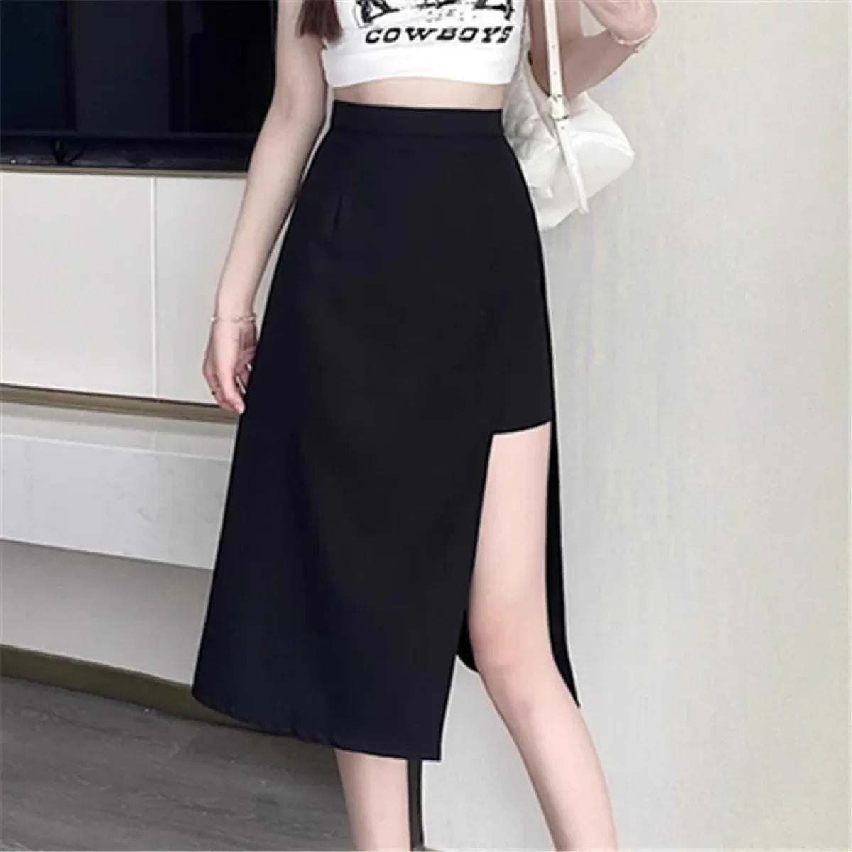 High Waist Harajuku Split Skirt – A-Line Irregular Mid-Length Skirt