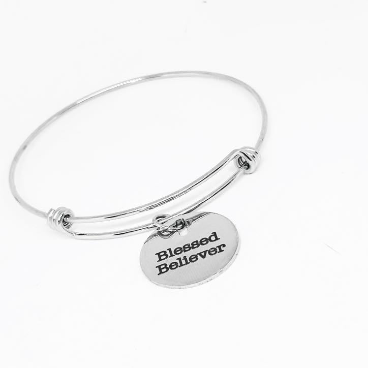 Blessed Believer Stainless Steel Bracelet, Adjustable Faith Charm Bangle Religious Jewelry Christian Gift for Women Church or Baptism Gift