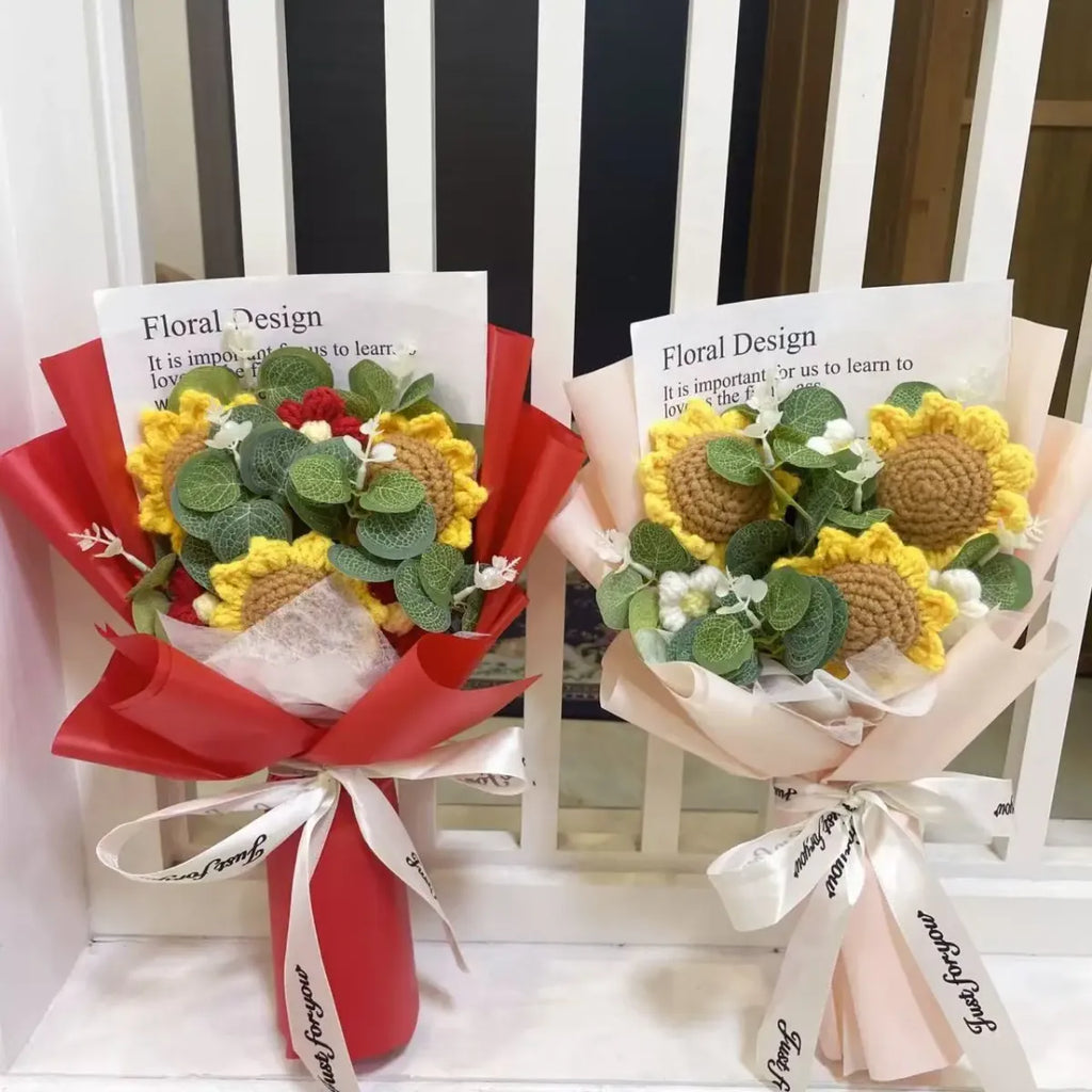 Kawaii Knitted Sunflower & Rose Bouquet – Crochet Gift for Birthday or Graduation